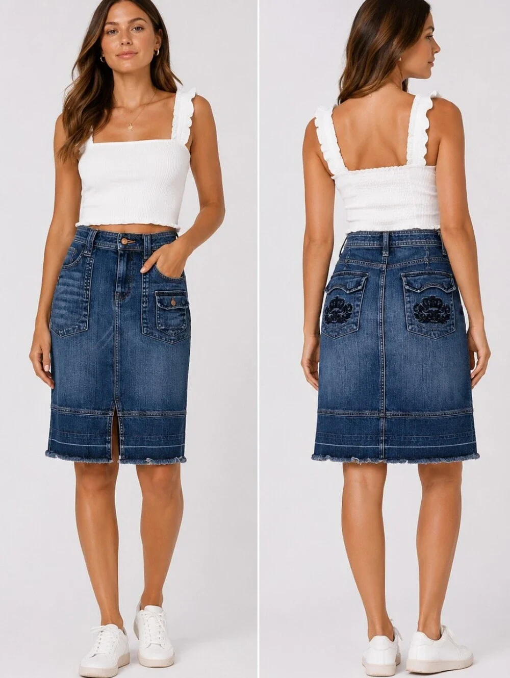 Candie's Denim Cargo Midi Pencil Skirt Blue Frayed Hem Utility Y2K 7 90s Western